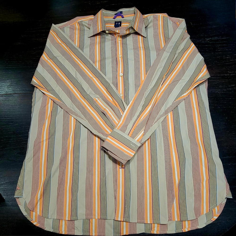GAP Men’s Shirt 18-18.5 XXL Fitted Premium Orange Burgundy Green Striped